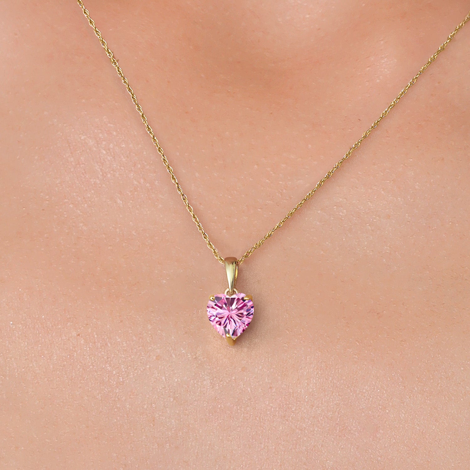 14K Yellow Gold Pink Moissanite Pendant Necklace For Women | 1.07 Cttw | Gemstone Birthstone | Heart Shape 6.5MM | With 18 Inch Chain