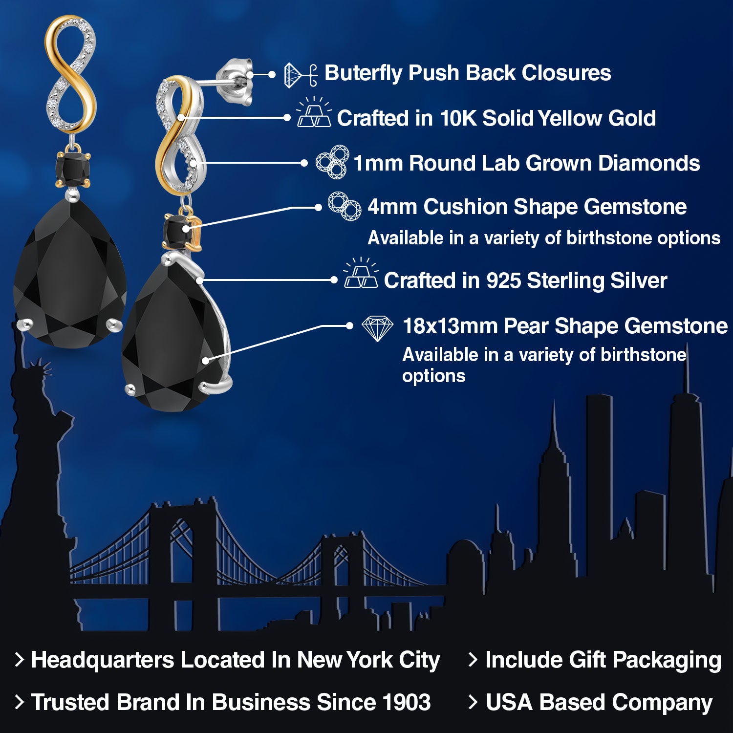 925 Silver and 10K Yellow Gold Black Onyx and White Lab Grown Diamond Earrings For Women | 26.04 Cttw | Gemstone December Birthstone | Pear Shape 18X13MM