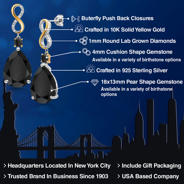 925 Silver and 10K Yellow Gold Black Onyx and White Lab Grown Diamond Earrings For Women | 26.04 Cttw | Gemstone December Birthstone | Pear Shape 18X13MM