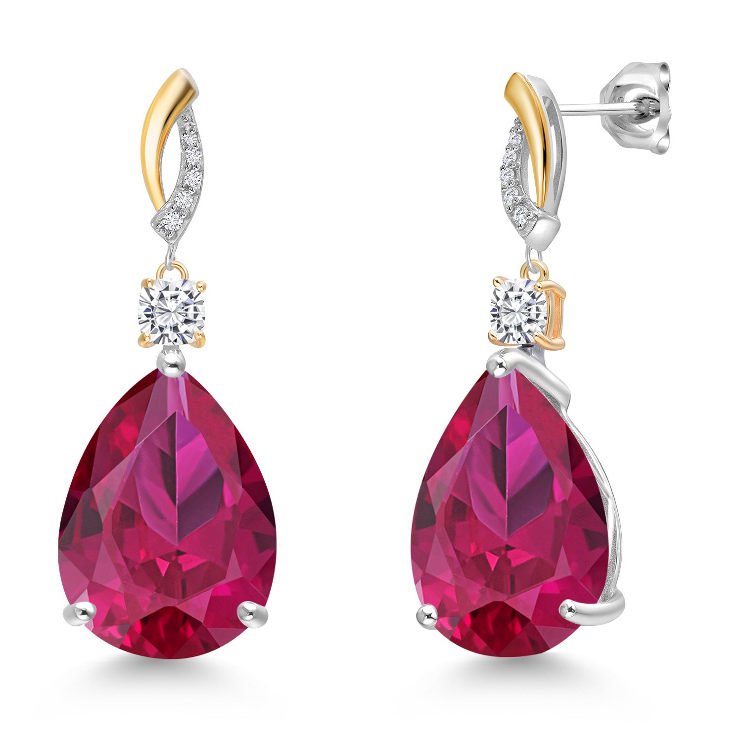 925 Silver and 10K Yellow Gold Red Created Ruby and White Moissanite and White Lab Grown Diamond Earrings For Women | 26.69 Cttw | GemstoneJuly Birthstone | Pear Shape 18X13MM