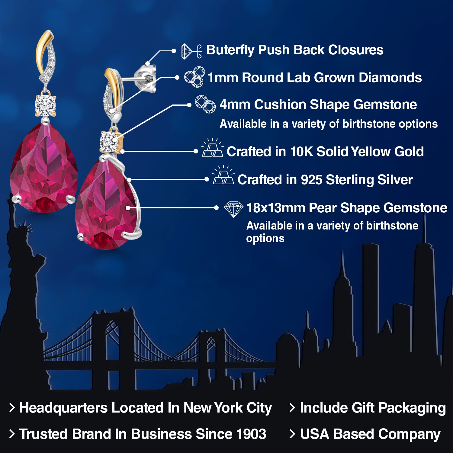 925 Silver and 10K Yellow Gold Red Created Ruby and White Moissanite and White Lab Grown Diamond Earrings For Women | 26.69 Cttw | GemstoneJuly Birthstone | Pear Shape 18X13MM