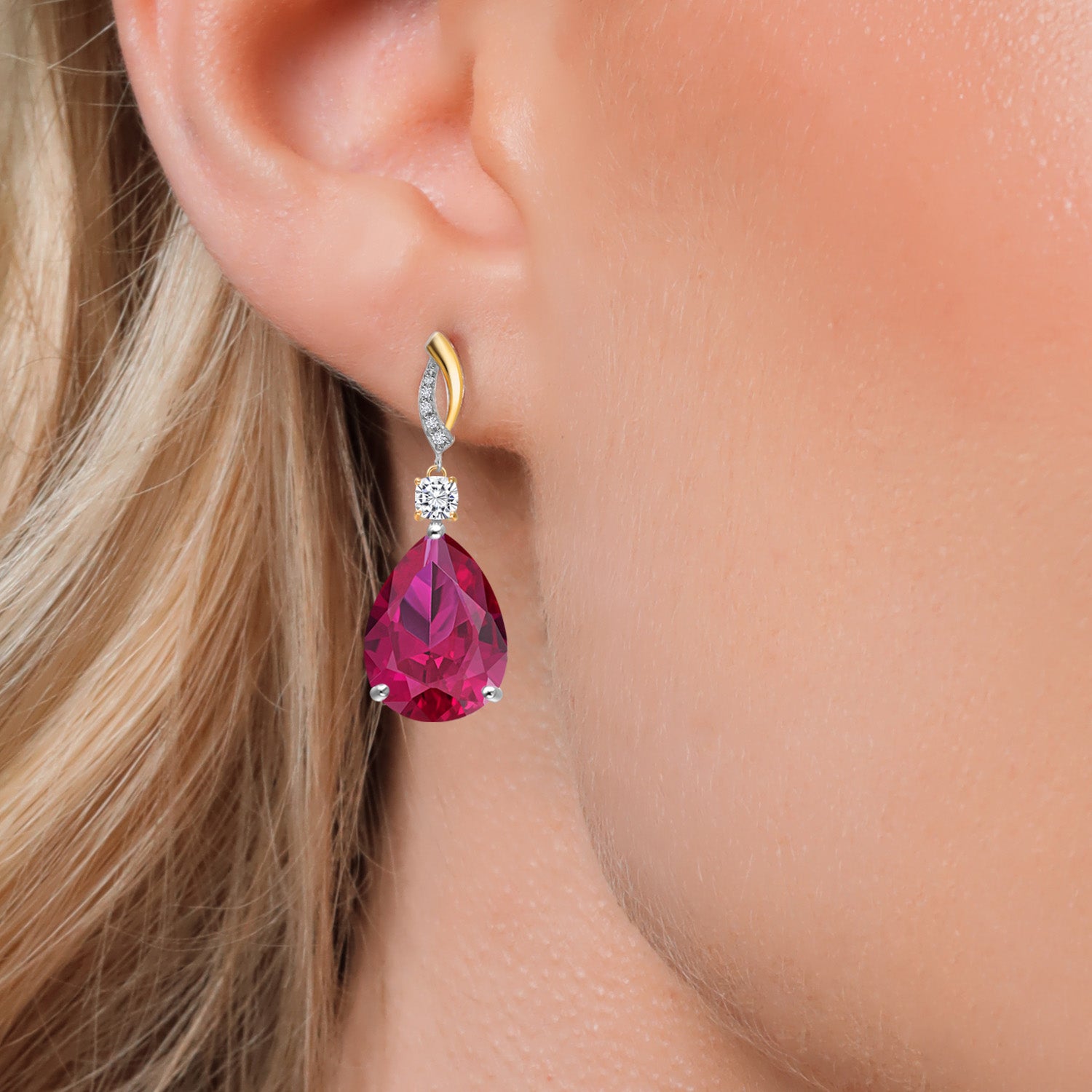 925 Silver and 10K Yellow Gold Red Created Ruby and White Moissanite and White Lab Grown Diamond Earrings For Women | 26.69 Cttw | GemstoneJuly Birthstone | Pear Shape 18X13MM