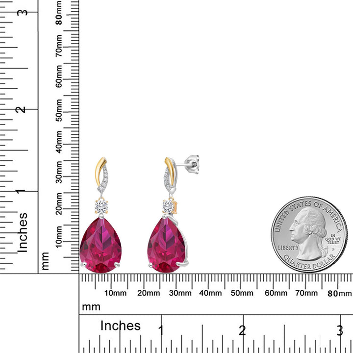 925 Silver and 10K Yellow Gold Red Created Ruby and White Moissanite and White Lab Grown Diamond Earrings For Women | 26.69 Cttw | GemstoneJuly Birthstone | Pear Shape 18X13MM