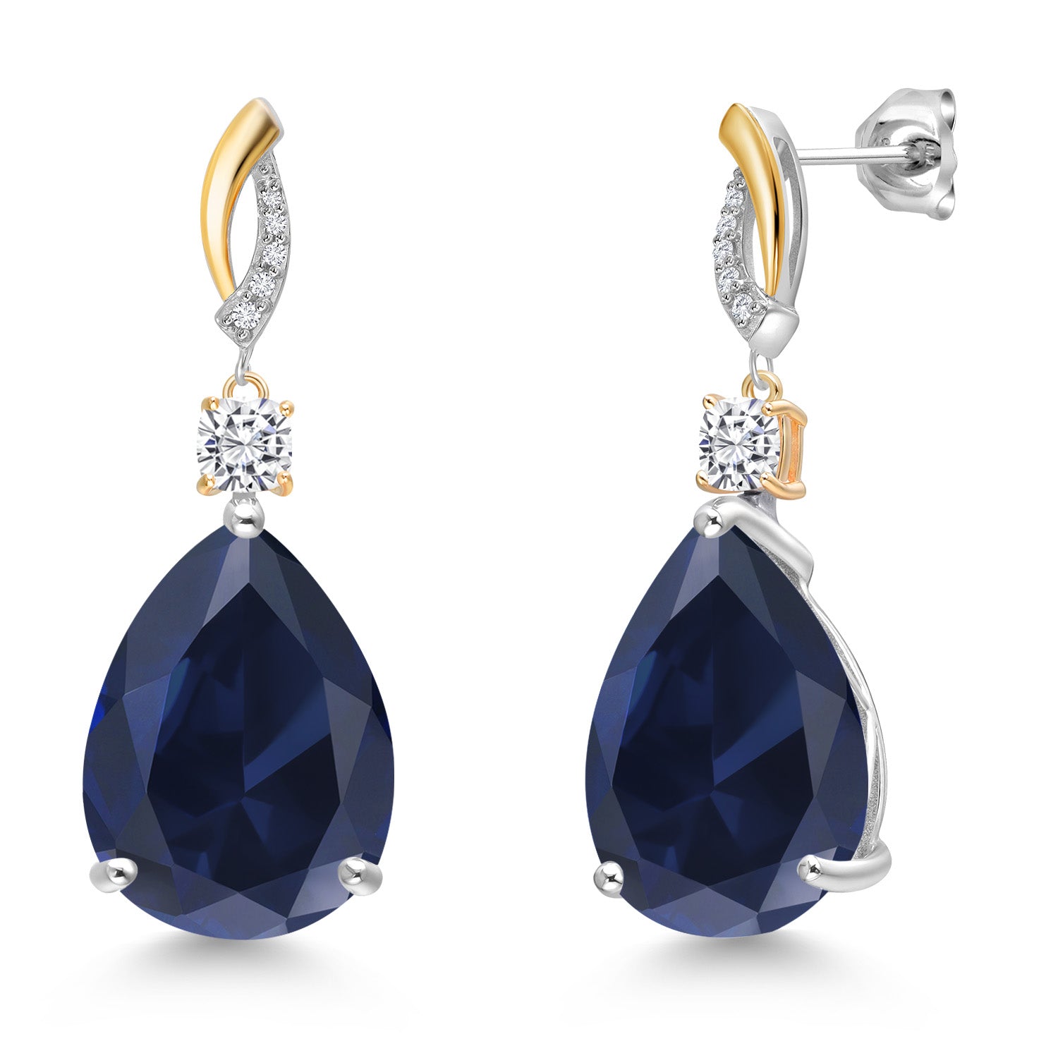 25.95 Cttw 925 Silver and 10K Yellow Gold Blue Created Sapphire White Moissanite and White Lab Grown Diamond Earrings For Women | Gemstone Birthstone | Pear Shape 18X13MM