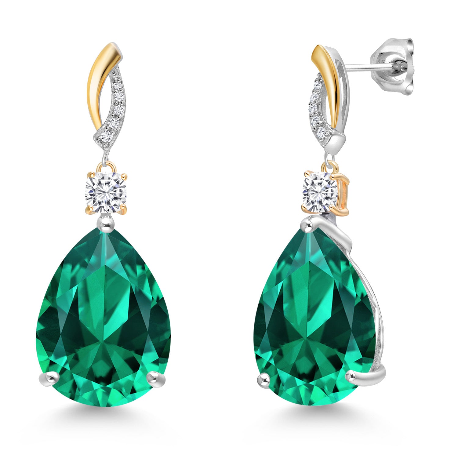 19.19 Cttw 925 Silver and 10K Yellow Gold Green Nano Emerald White Moissanite and White Lab Grown Diamond Earrings For Women | Gemstone Birthstone | Pear Shape 18X13MM