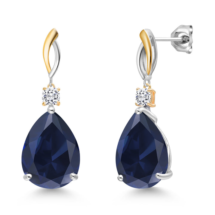 925 Silver and 10K Yellow Gold Blue Created Sapphire and White Moissanite Earrings For Women | 25.90 Cttw | Gemstone September Birthstone | Pear Shape 18X13MM