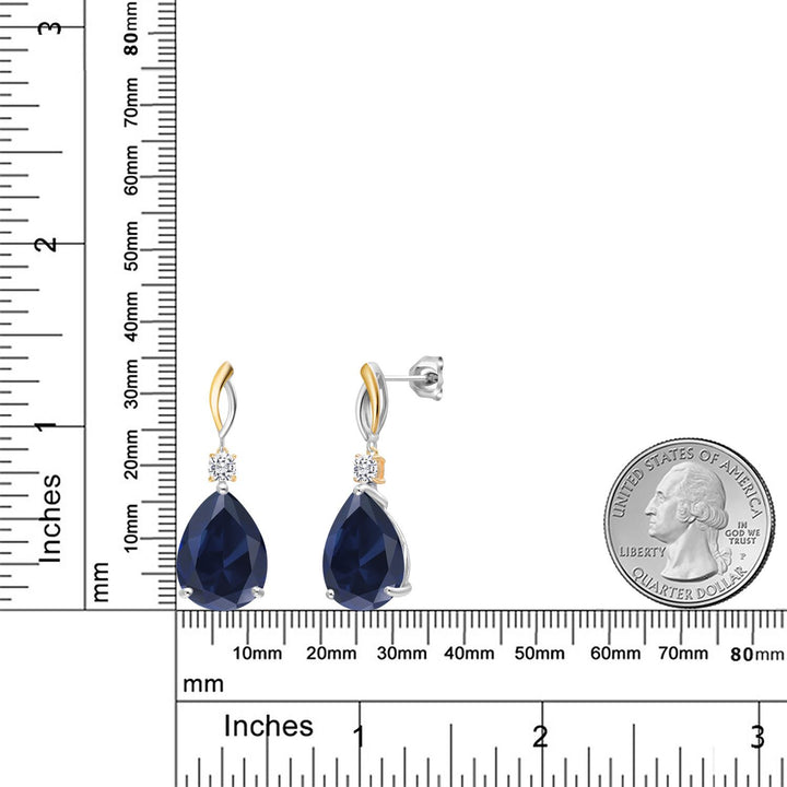 925 Silver and 10K Yellow Gold Blue Created Sapphire and White Moissanite Earrings For Women | 25.90 Cttw | Gemstone September Birthstone | Pear Shape 18X13MM