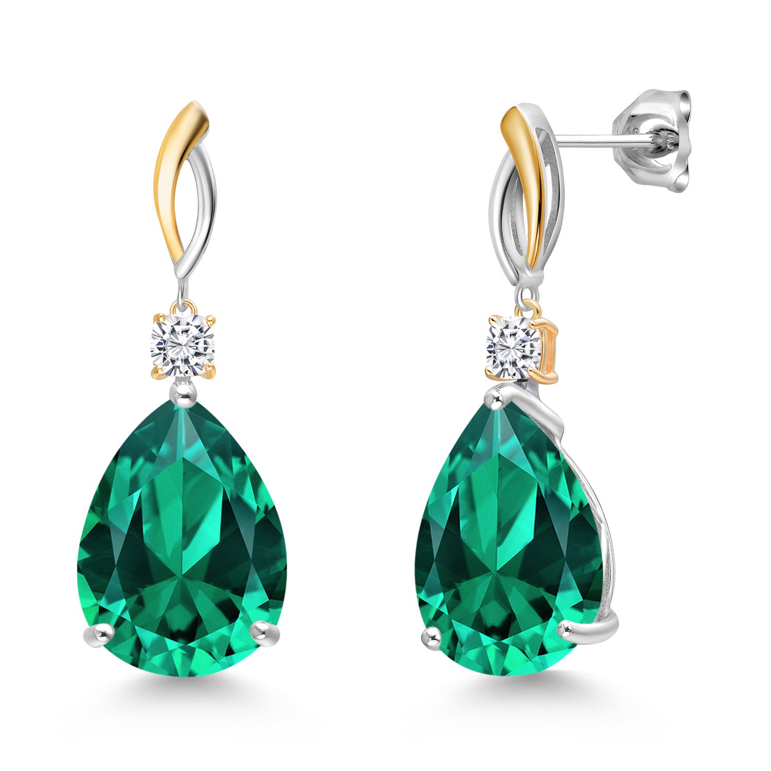 925 Silver and 10K Yellow Gold Green Nano Emerald and White Moissanite Earrings For Women | 19.14 Cttw | Gemstone May Birthstone | Pear Shape 18X13MM