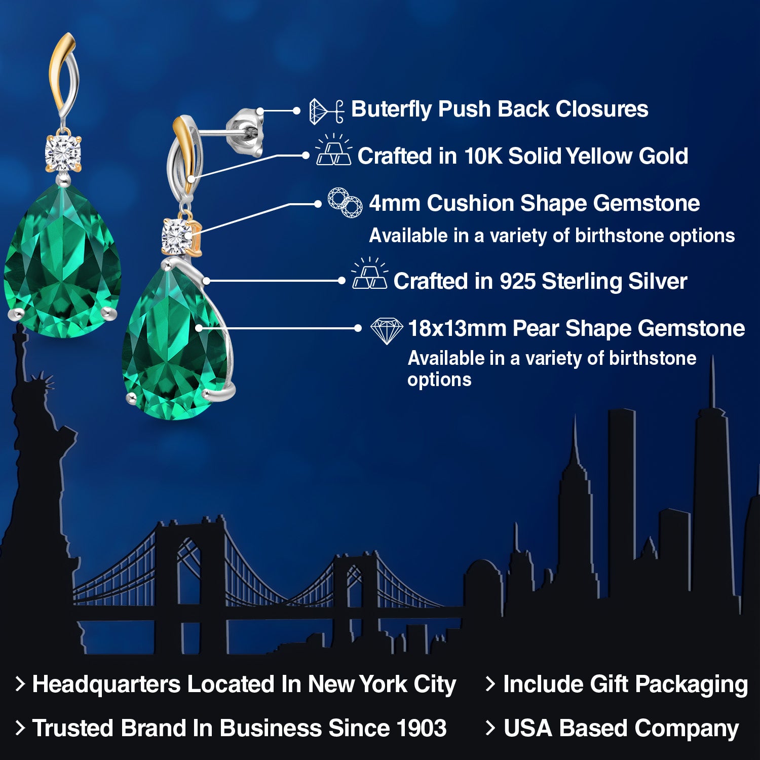 925 Silver and 10K Yellow Gold Green Nano Emerald and White Moissanite Earrings For Women | 19.14 Cttw | Gemstone May Birthstone | Pear Shape 18X13MM