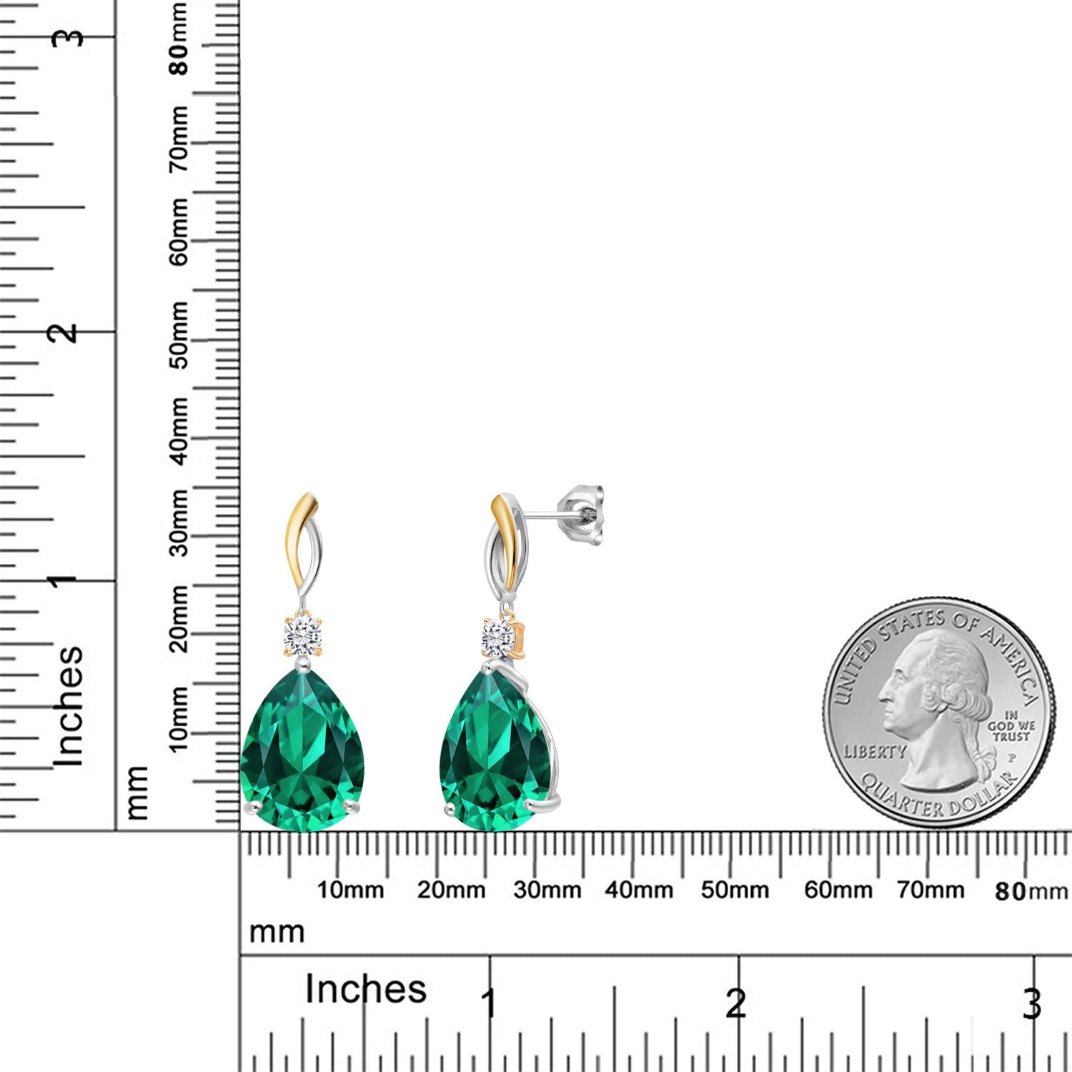 925 Silver and 10K Yellow Gold Green Nano Emerald and White Moissanite Earrings For Women | 19.14 Cttw | Gemstone May Birthstone | Pear Shape 18X13MM