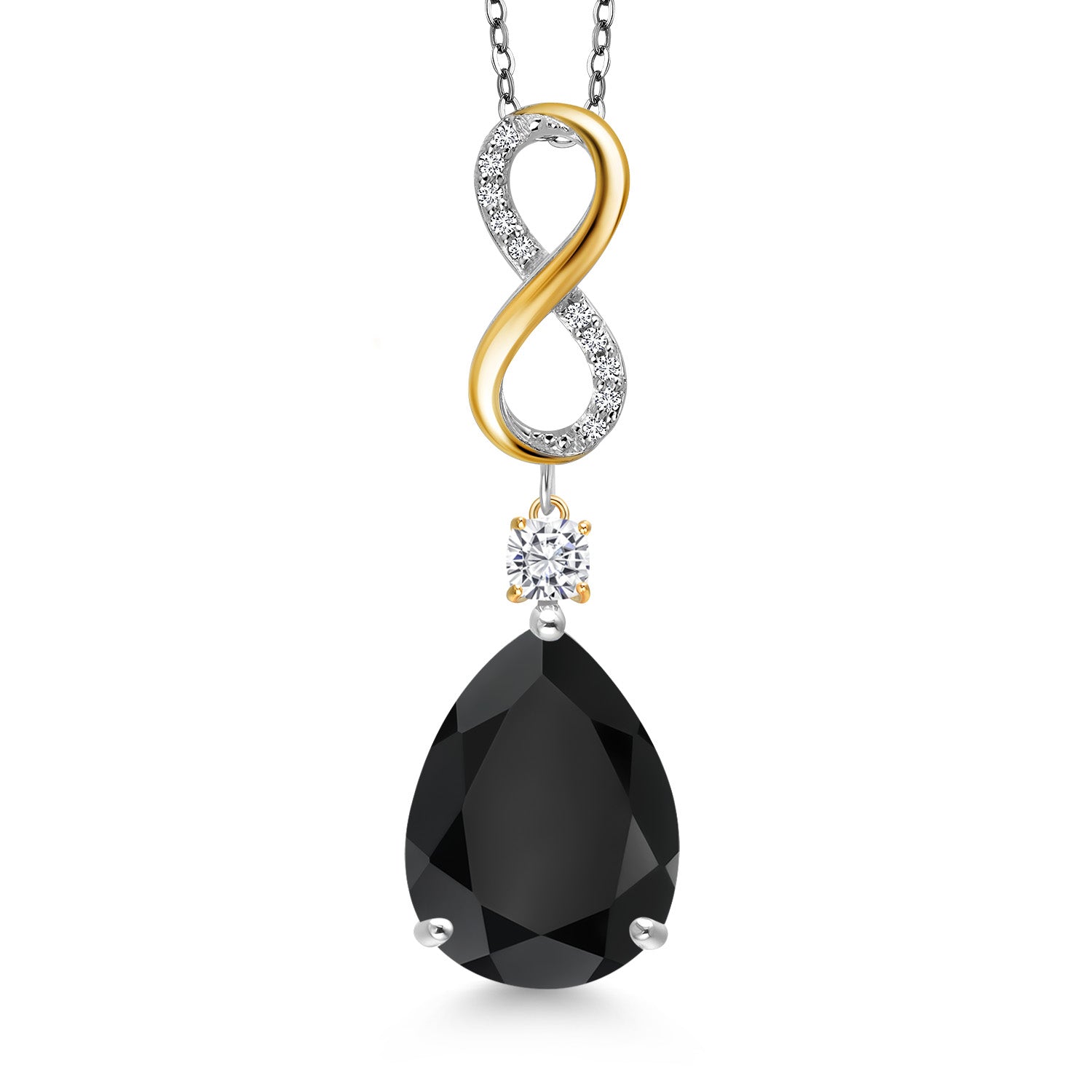 10.31 Cttw 925 Silver and 10K Yellow Gold Black Onyx White Moissanite and Lab Grown Diamond Pendant Necklace for Women | Gemstone Birthstone | Pear Shape 18X13MM