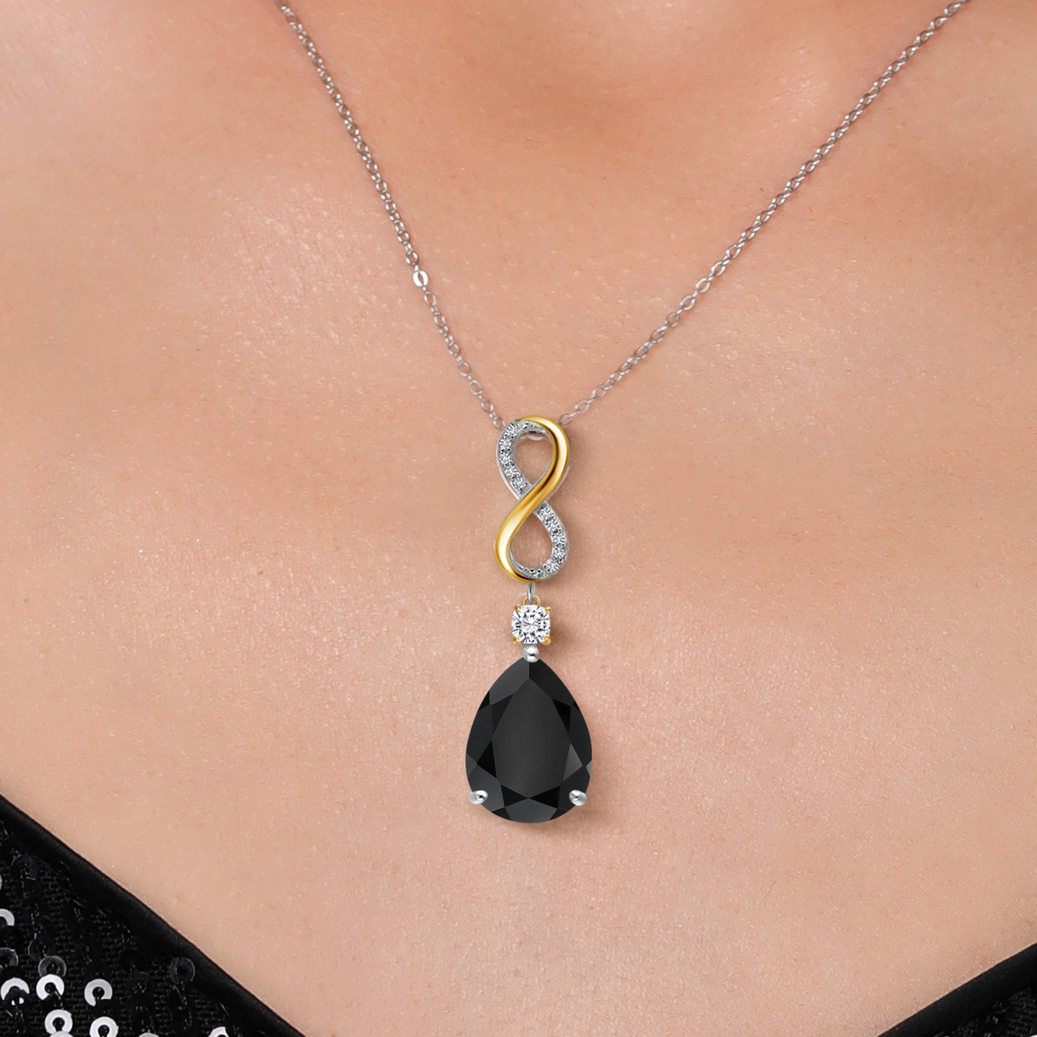 10.31 Cttw 925 Silver and 10K Yellow Gold Black Onyx White Moissanite and Lab Grown Diamond Pendant Necklace for Women | Gemstone Birthstone | Pear Shape 18X13MM