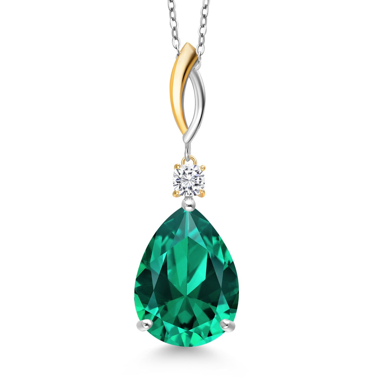 925 Silver and 10K Yellow Gold Green Nano Emerald and White Moissanite Pendant Necklace for Women | 9.57 Cttw | Gemstone May Birthstone | Pear Shape 18X13MM | With 18 Inch Chain