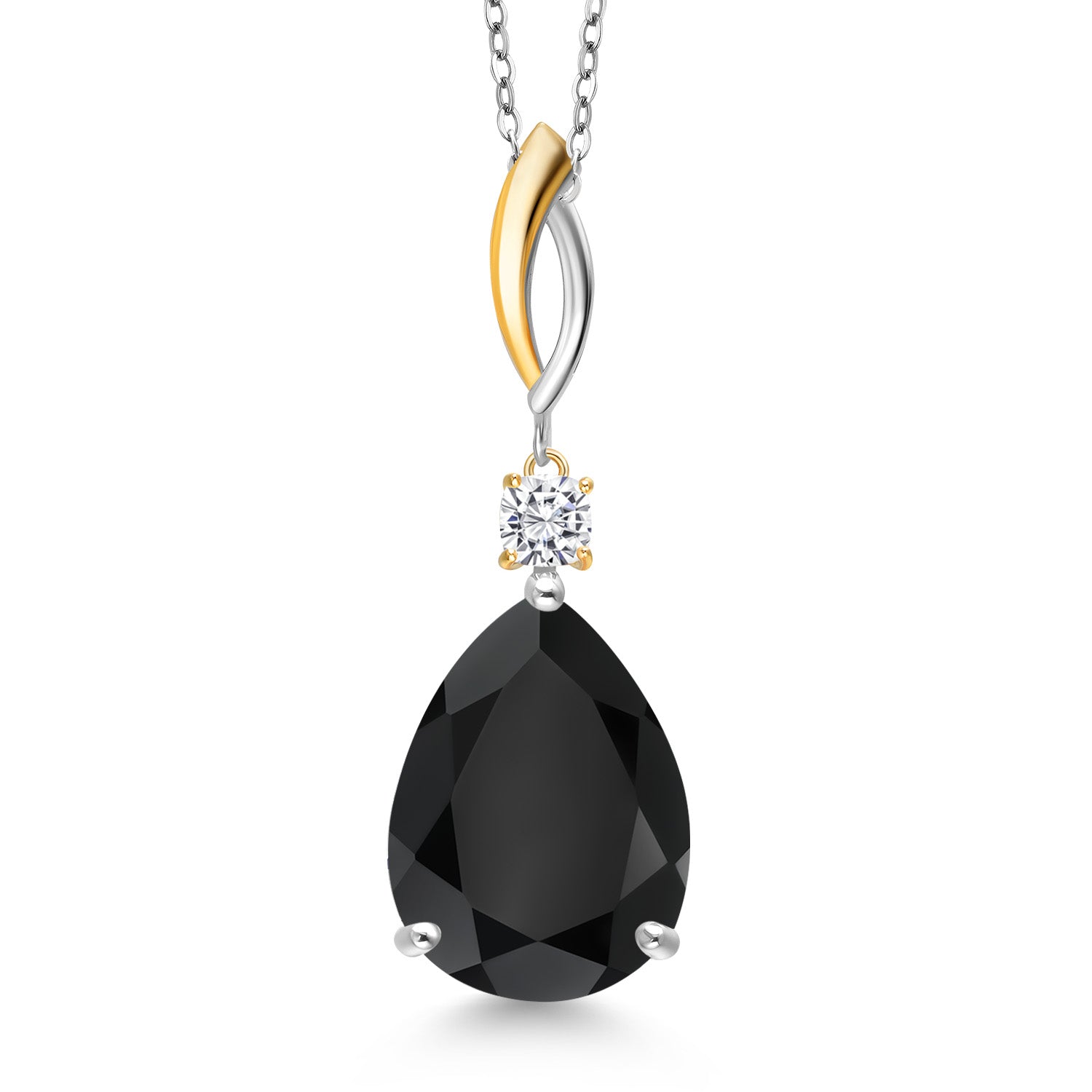 925 Silver and 10K Yellow Gold Black Onyx and White Moissanite Pendant Necklace for Women | 10.23 Cttw | Gemstone December Birthstone | Pear Shape 18X13MM | With 18 Inch Chain