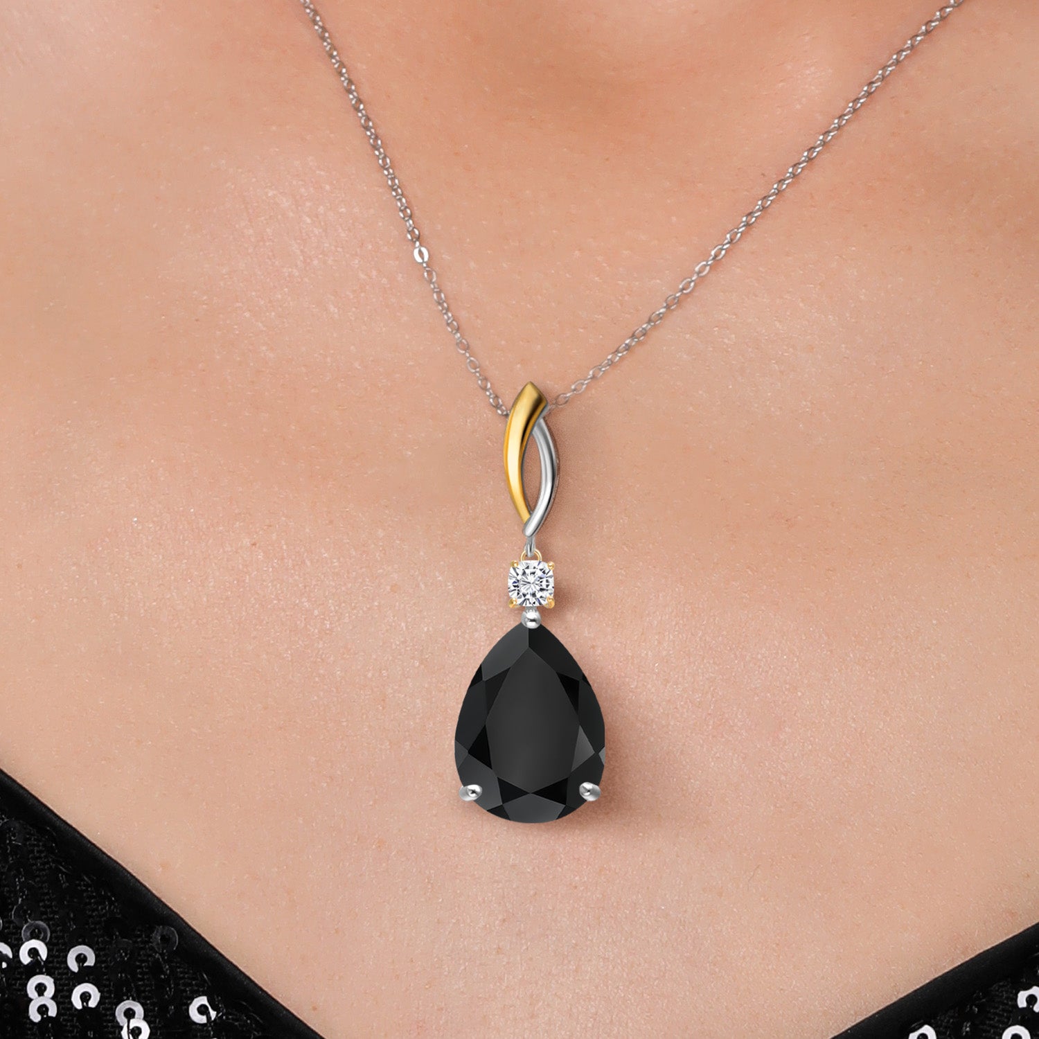 925 Silver and 10K Yellow Gold Black Onyx and White Moissanite Pendant Necklace for Women | 10.23 Cttw | Gemstone December Birthstone | Pear Shape 18X13MM | With 18 Inch Chain