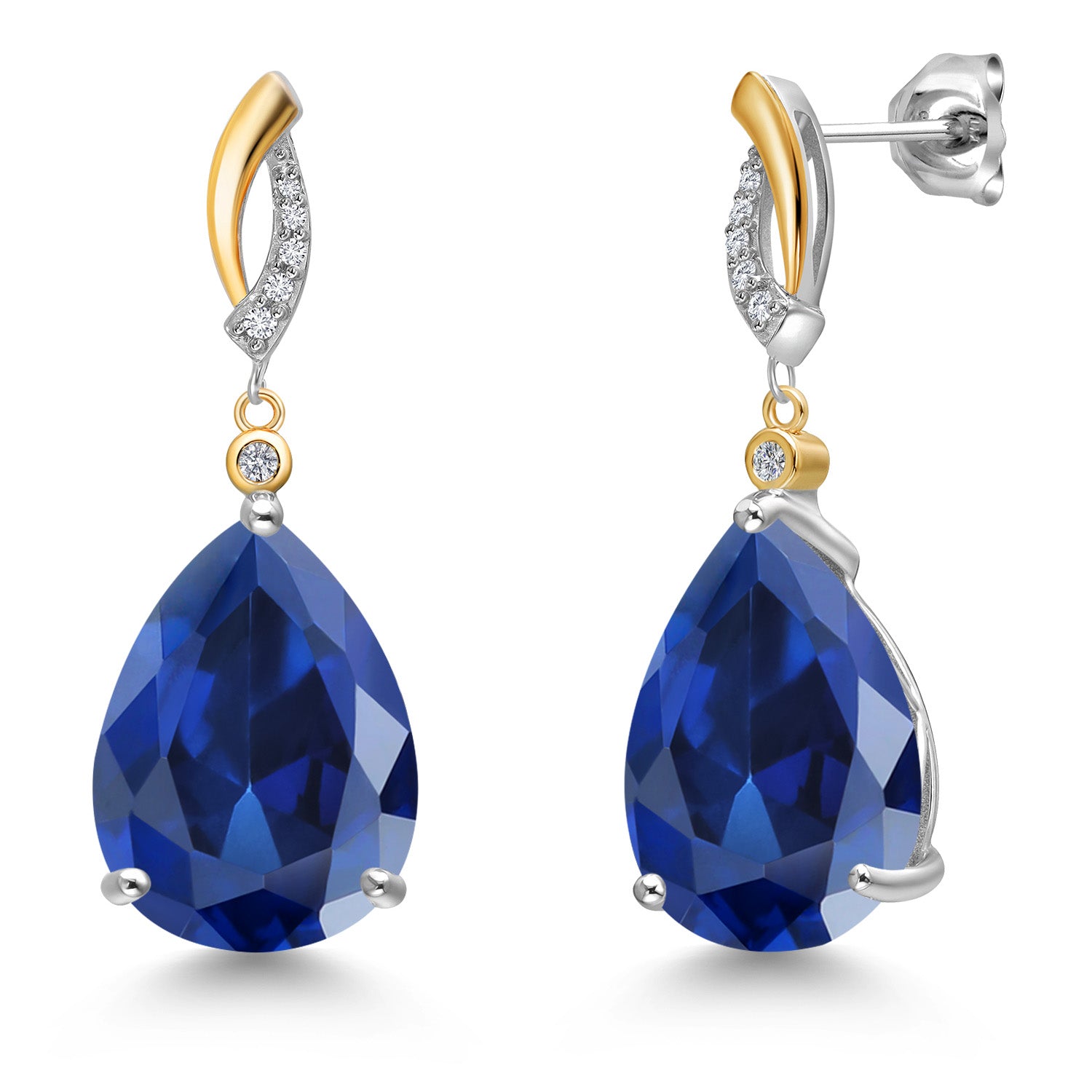 925 Silver and 10K Yellow Gold Blue Created Sapphire and White Lab Grown Diamond Dangle Earrings For Women | 20.43 Cttw | Gemstone September Birthstone | Pear Shape 16X12MM