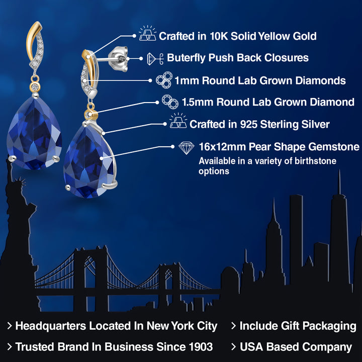 925 Silver and 10K Yellow Gold Blue Created Sapphire and White Lab Grown Diamond Dangle Earrings For Women | 20.43 Cttw | Gemstone September Birthstone | Pear Shape 16X12MM