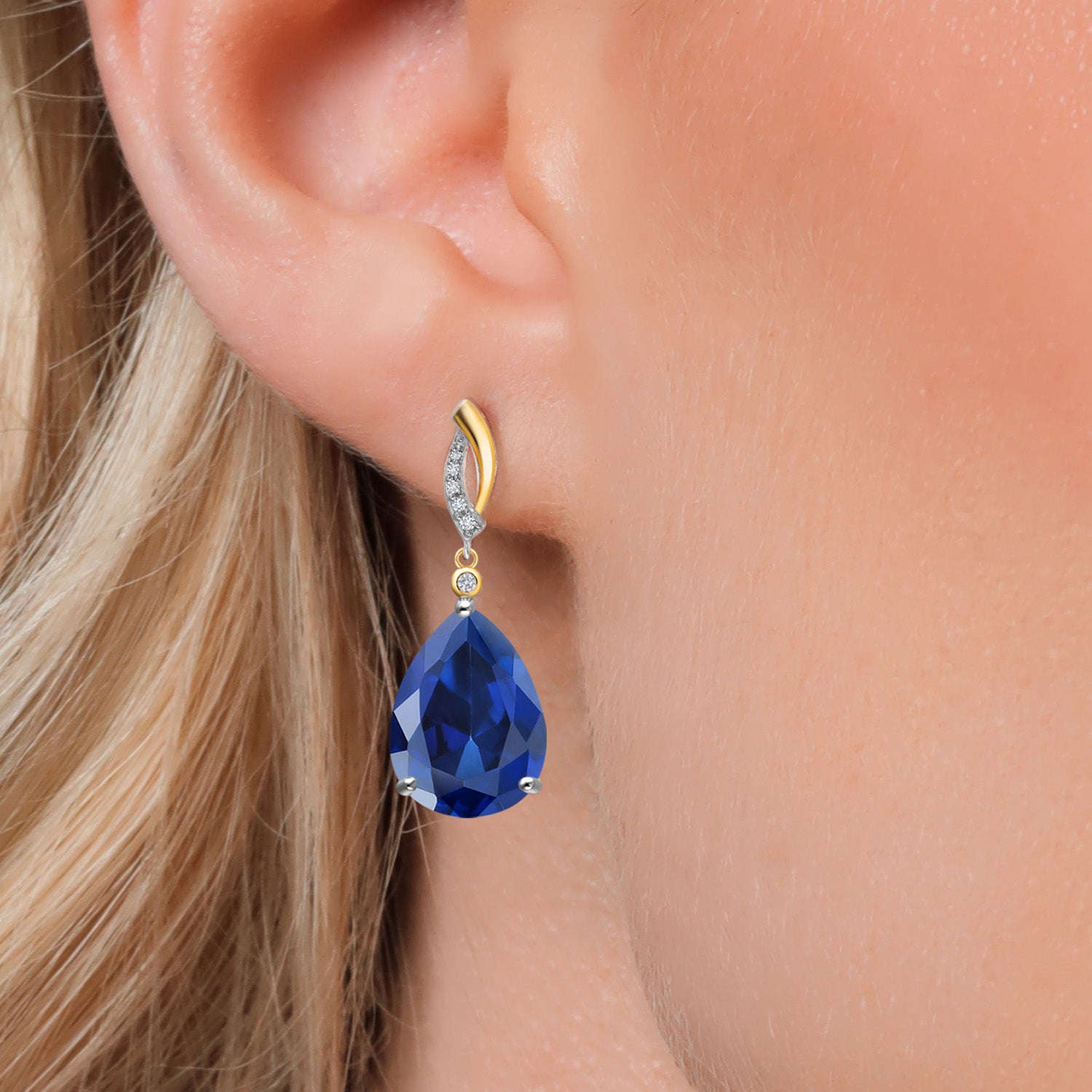 925 Silver and 10K Yellow Gold Blue Created Sapphire and White Lab Grown Diamond Dangle Earrings For Women | 20.43 Cttw | Gemstone September Birthstone | Pear Shape 16X12MM