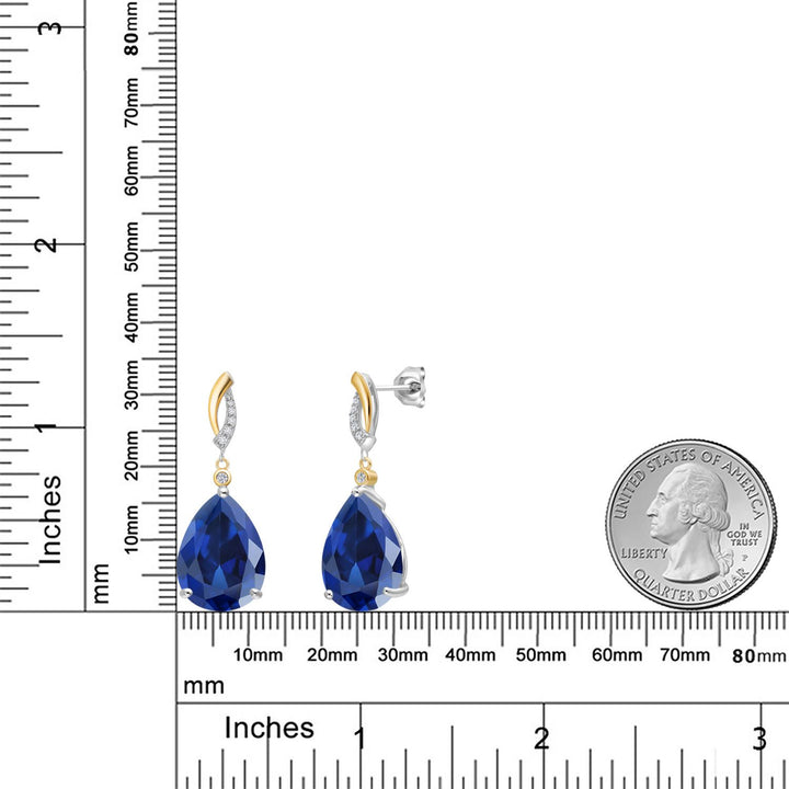 925 Silver and 10K Yellow Gold Blue Created Sapphire and White Lab Grown Diamond Dangle Earrings For Women | 20.43 Cttw | Gemstone September Birthstone | Pear Shape 16X12MM