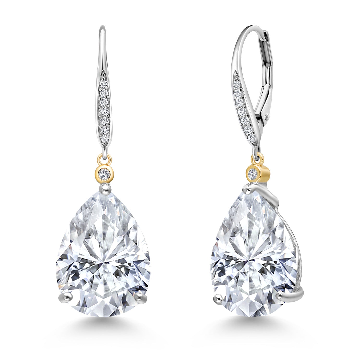 925 Silver and 10K Yellow Gold White Moissanite and White Lab Grown Diamond Dangle Earrings For Women | 18.37 Cttw | Gemstone | Pear Shape 16X12MM