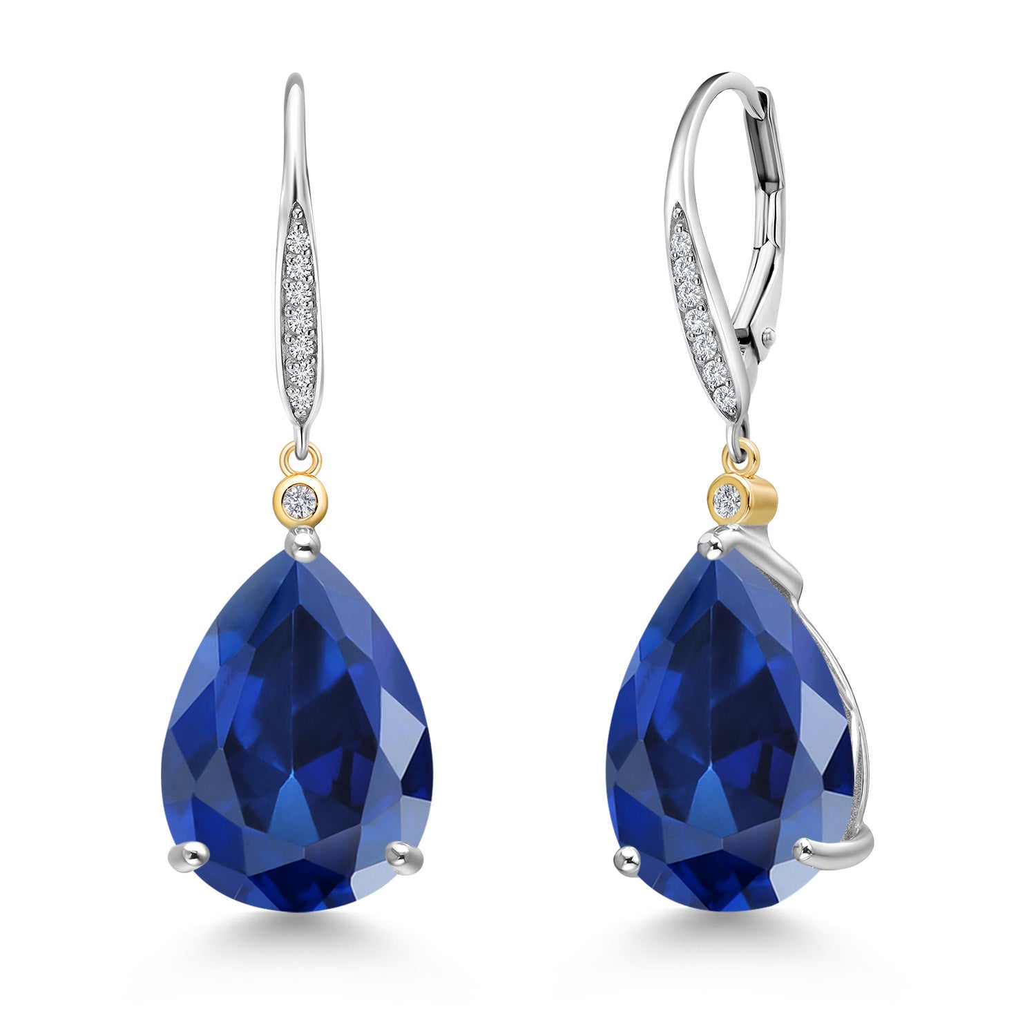 925 Silver and 10K Yellow Gold Blue Created Sapphire and White Lab Grown Diamond Dangle Earrings For Women | 20.43 Cttw | Gemstone September Birthstone | Pear Shape 16X12MM