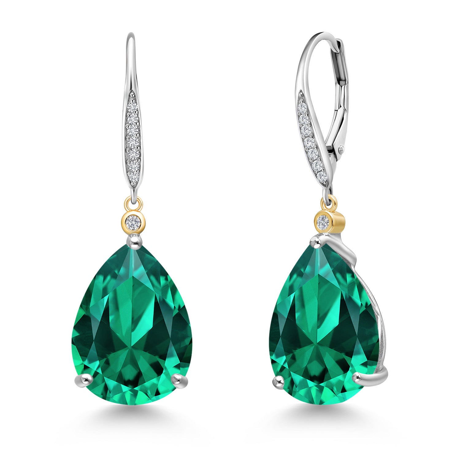 925 Silver and 10K Yellow Gold Green Nano Emerald and White Lab Grown Diamond Dangle Earrings For Women | 16.53 Cttw | Gemstone May Birthstone | Pear Shape 16X12MM