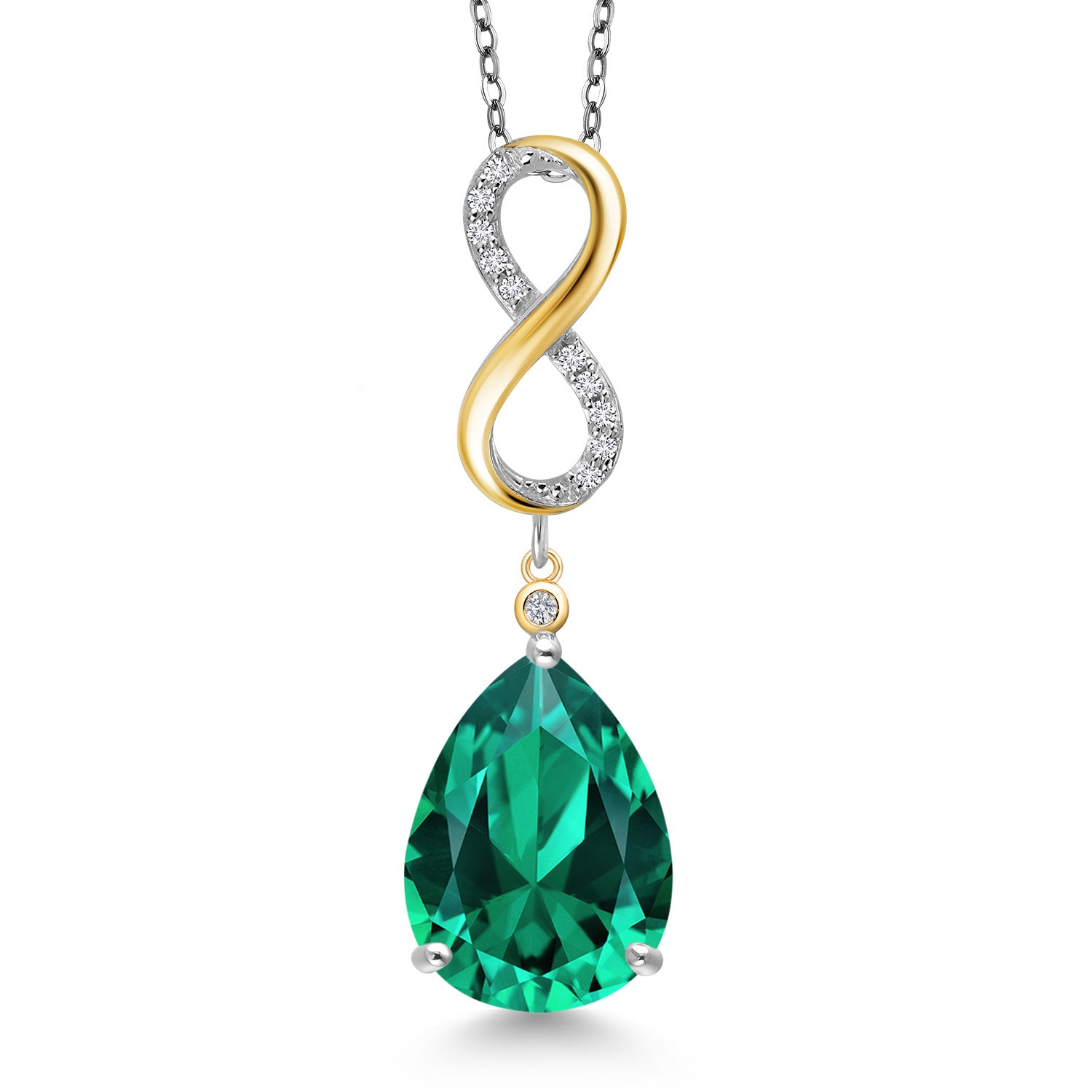 925 Silver and 10K Yellow Gold Green Nano Emerald and White Lab Grown Diamond Pendant Necklace for Women | 8.27 Cttw | Gemstone May Birthstone | Pear Shape 16X12MM | With 18 Inch Chain