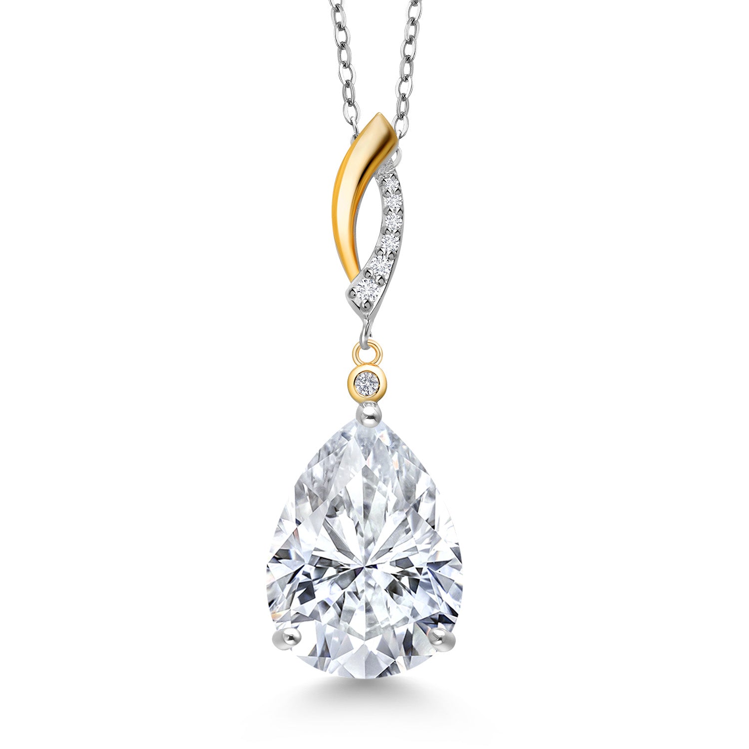 925 Silver and 10K Yellow Gold White Moissanite and White Lab Grown Diamond Pendant Necklace for Women | 9.22 Cttw | Pear Shape 16X12MM | With 18 Inch Chain