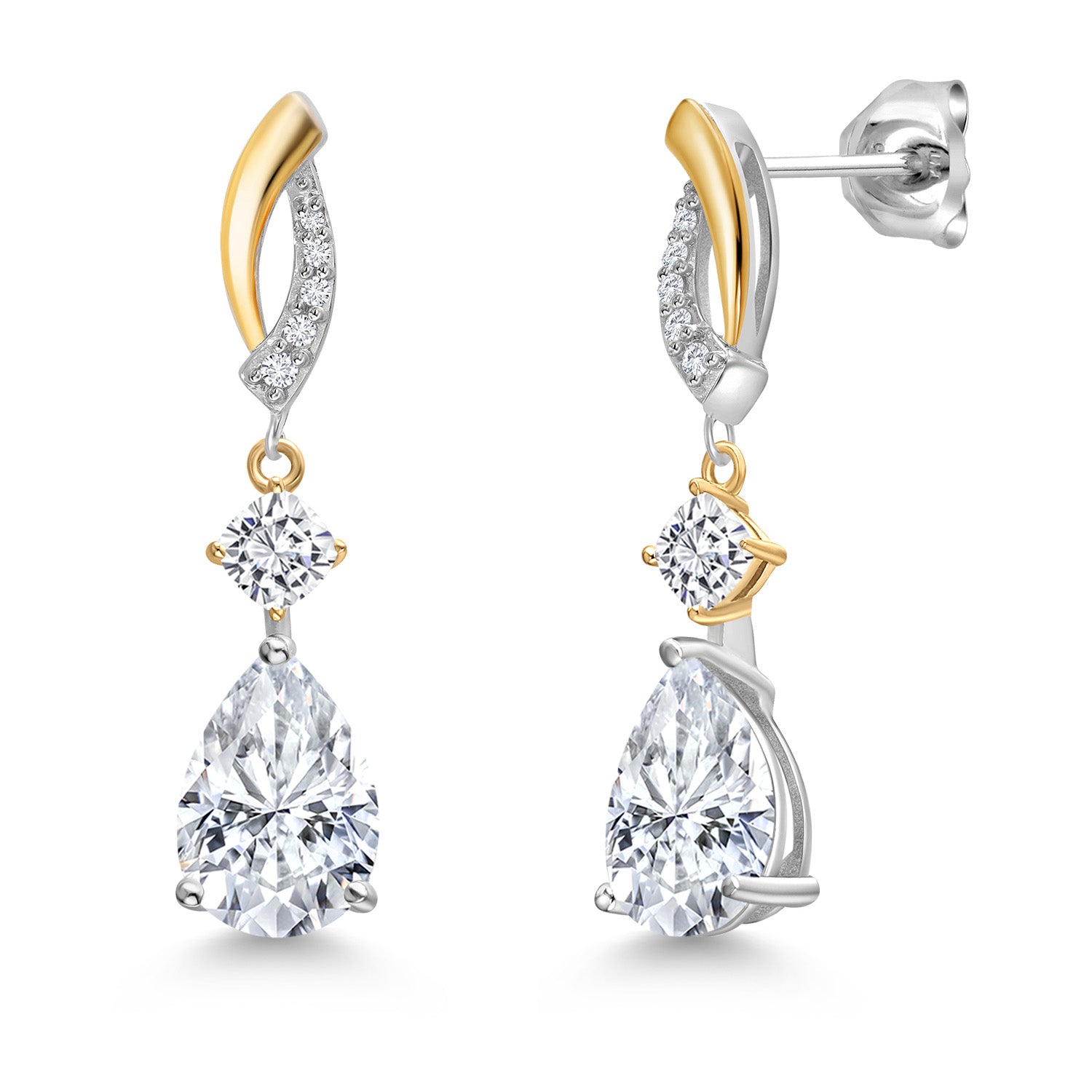 4.41 Cttw 925 Silver and 10K Yellow Gold White Moissanite and White Lab Grown Diamond Drop Dangle Earrings For Women | Pear Shape 10X7MM