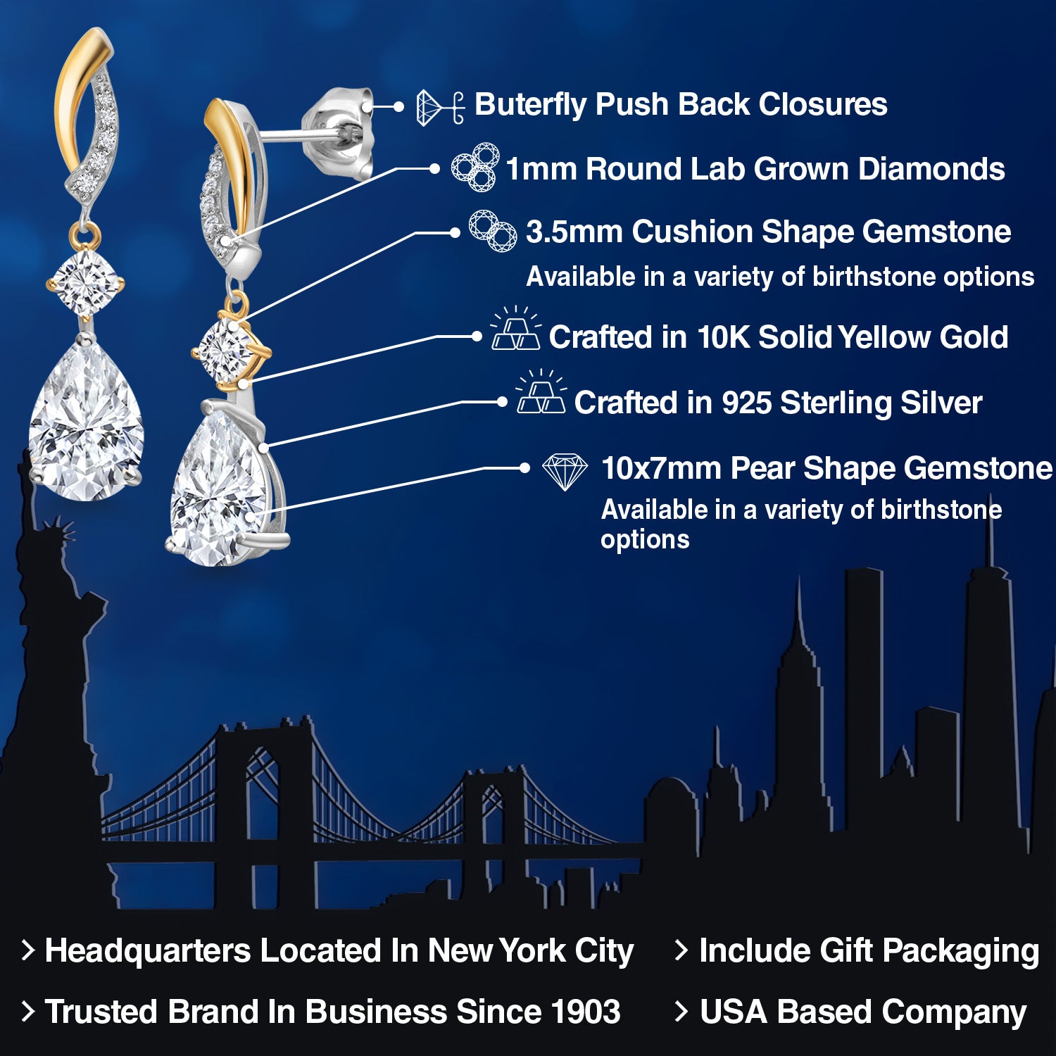 4.41 Cttw 925 Silver and 10K Yellow Gold White Moissanite and White Lab Grown Diamond Drop Dangle Earrings For Women | Pear Shape 10X7MM