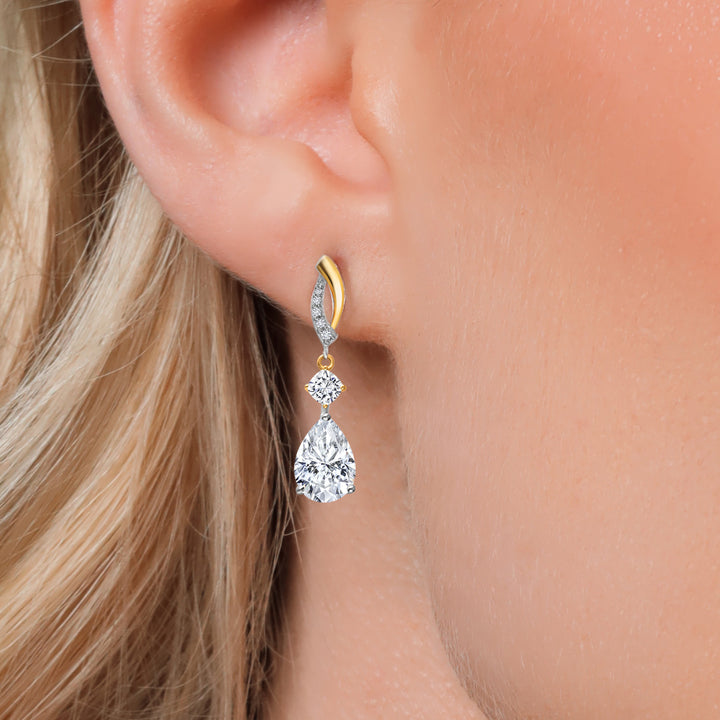 4.41 Cttw 925 Silver and 10K Yellow Gold White Moissanite and White Lab Grown Diamond Drop Dangle Earrings For Women | Pear Shape 10X7MM