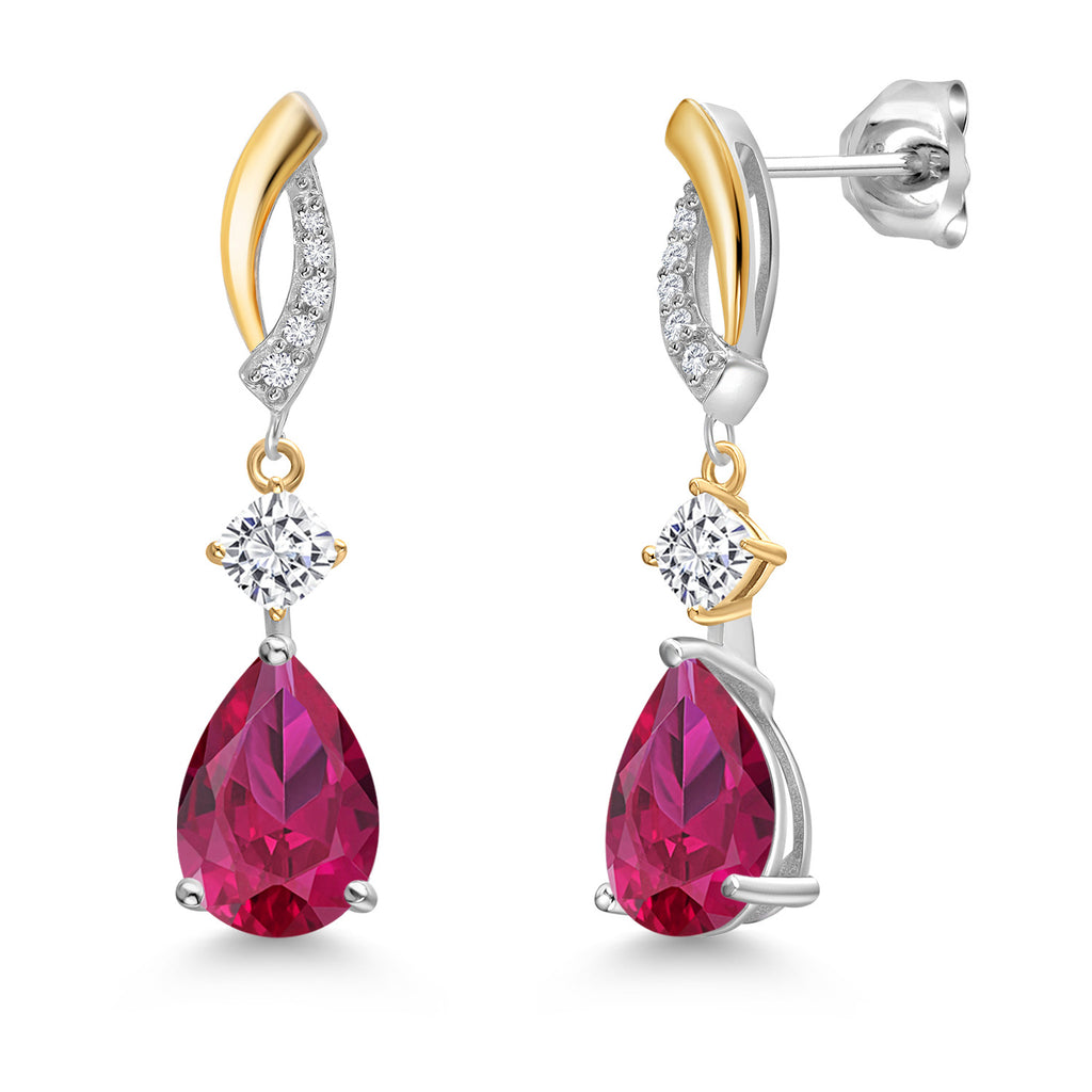 Created Ruby - July_Earrings in 925 Sterling Silver and 10K Yellow Gold