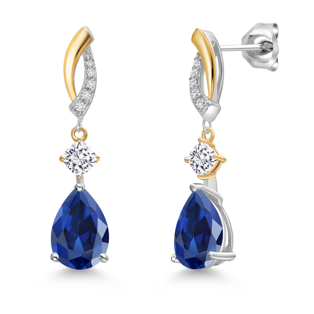 Blue Created Sapphire - September_Earrings in 925 Sterling Silver and 10K Yellow Gold