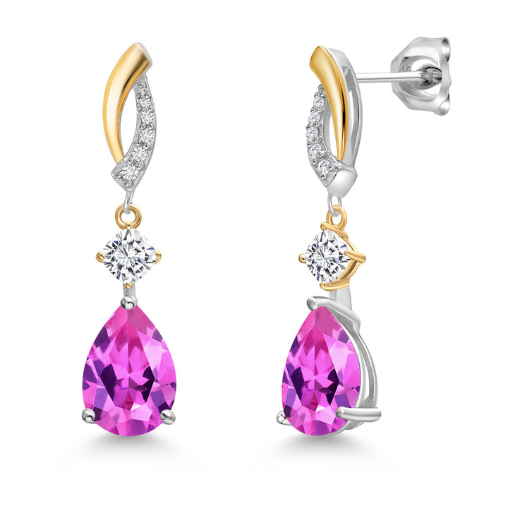 Pink Created Sapphire - September_Earrings in 925 Sterling Silver and 10K Yellow Gold