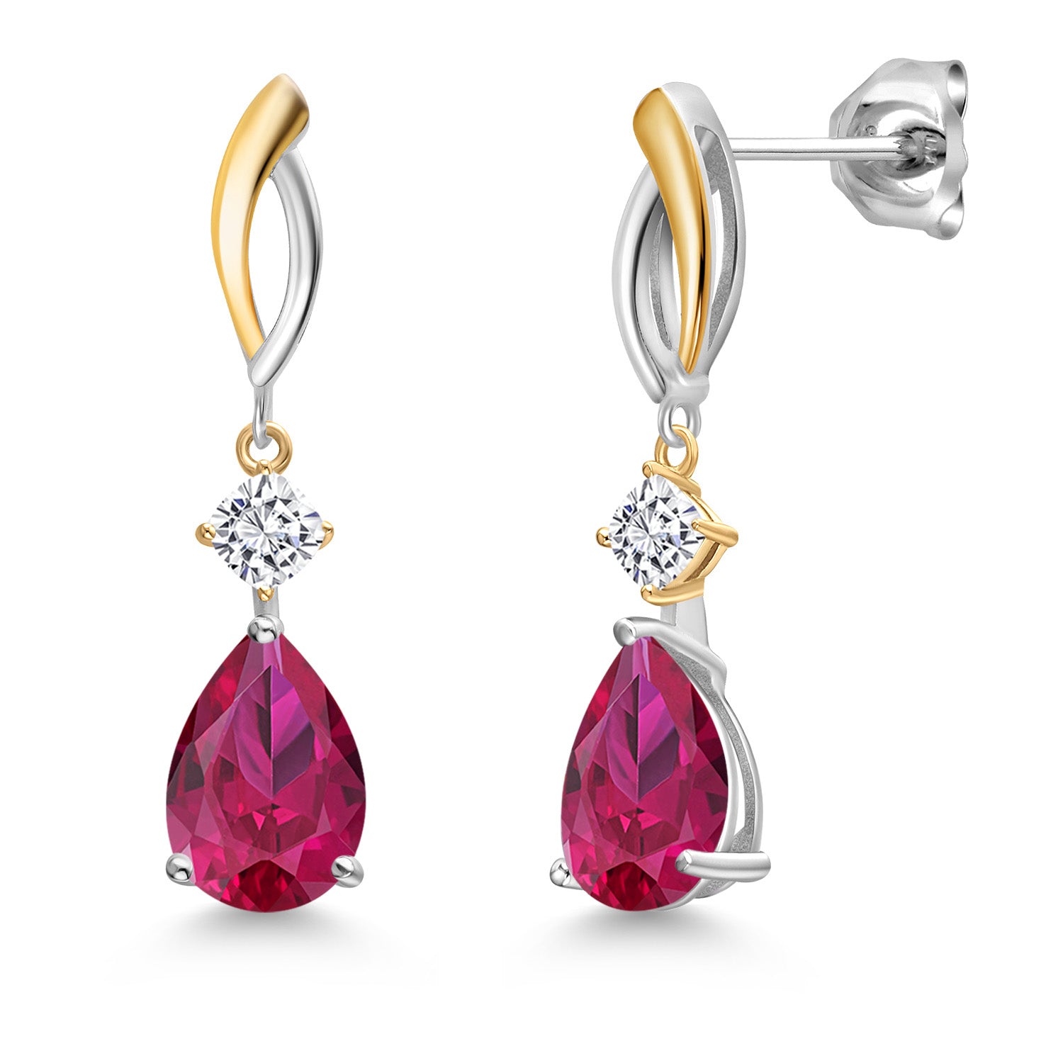 925 Silver and 10K Yellow Gold Red Created Ruby and White Moissanite Earrings For Women | 4.84 Cttw | Gemstone July Birthstone | Pear Shape 10X7MM