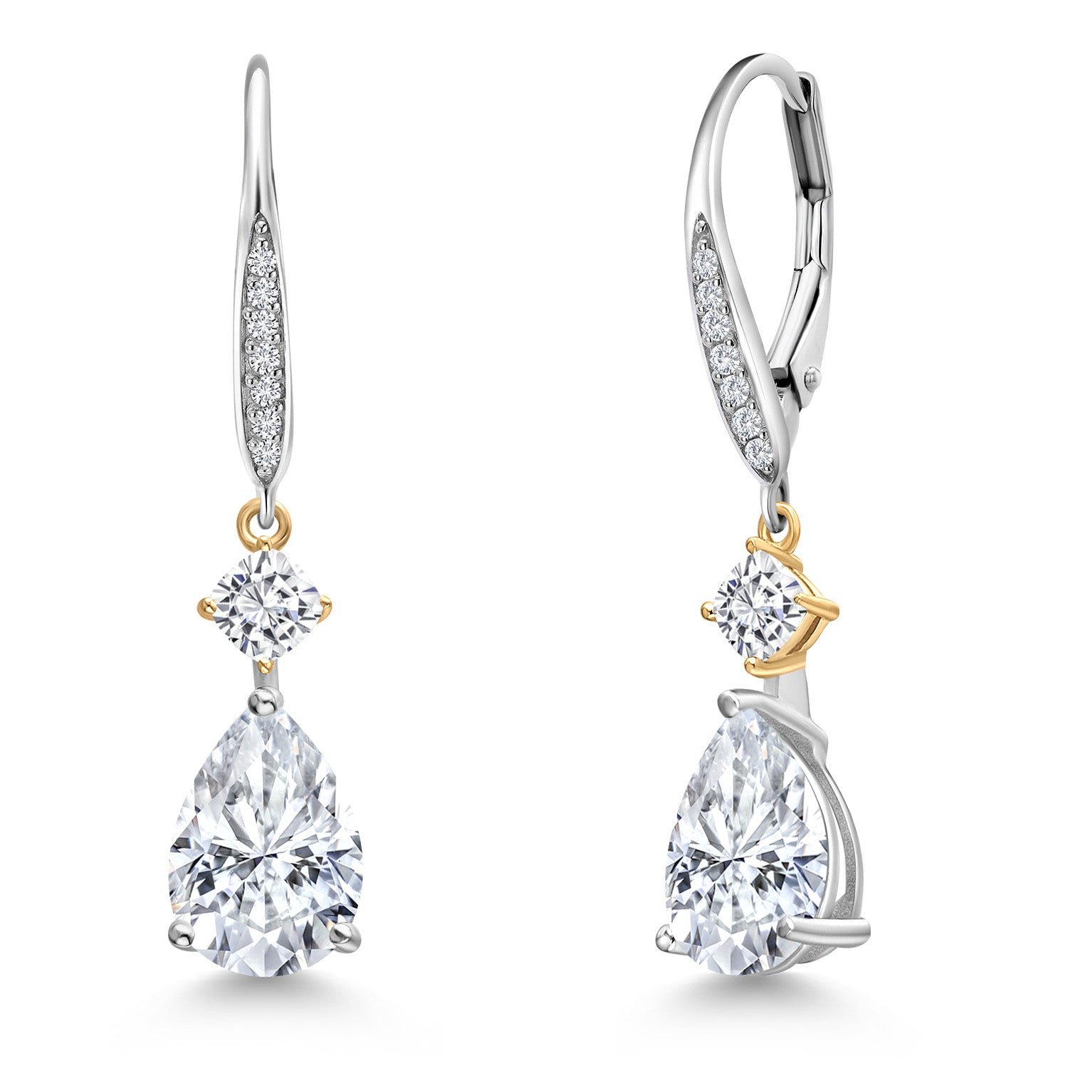 4.46 Cttw 925 Silver and 10K Yellow Gold White Moissanite and White Lab Grown Diamond Earrings For Women | Pear Shape 10X7MM | Round 3.5MM