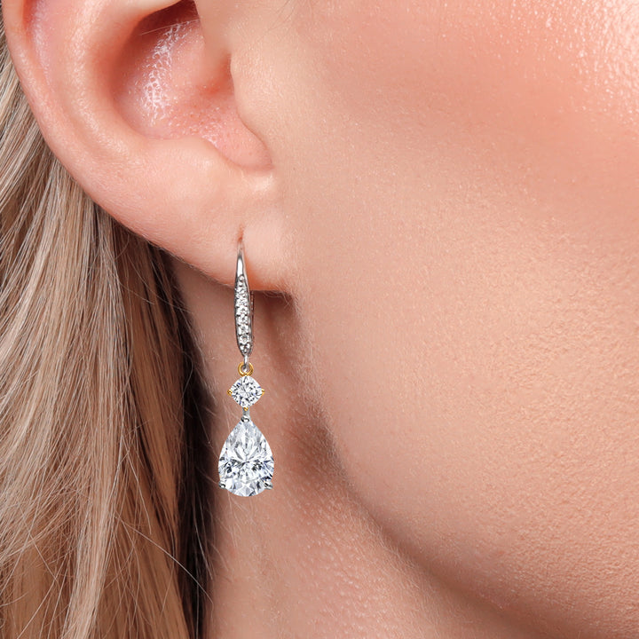 4.46 Cttw 925 Silver and 10K Yellow Gold White Moissanite and White Lab Grown Diamond Earrings For Women | Pear Shape 10X7MM | Round 3.5MM