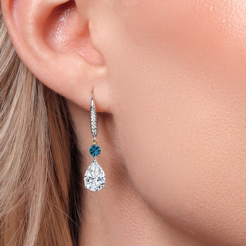 White Moissanite - April_Earrings in 925 Sterling Silver and 10K Yellow Gold