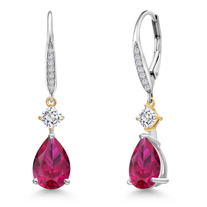 Created Ruby - July_Earrings in 925 Sterling Silver and 10K Yellow Gold