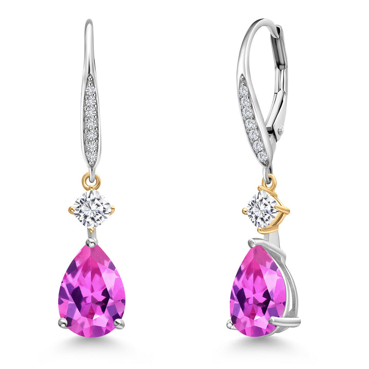 Pink Created Sapphire - September_Earrings in 925 Sterling Silver and 10K Yellow Gold