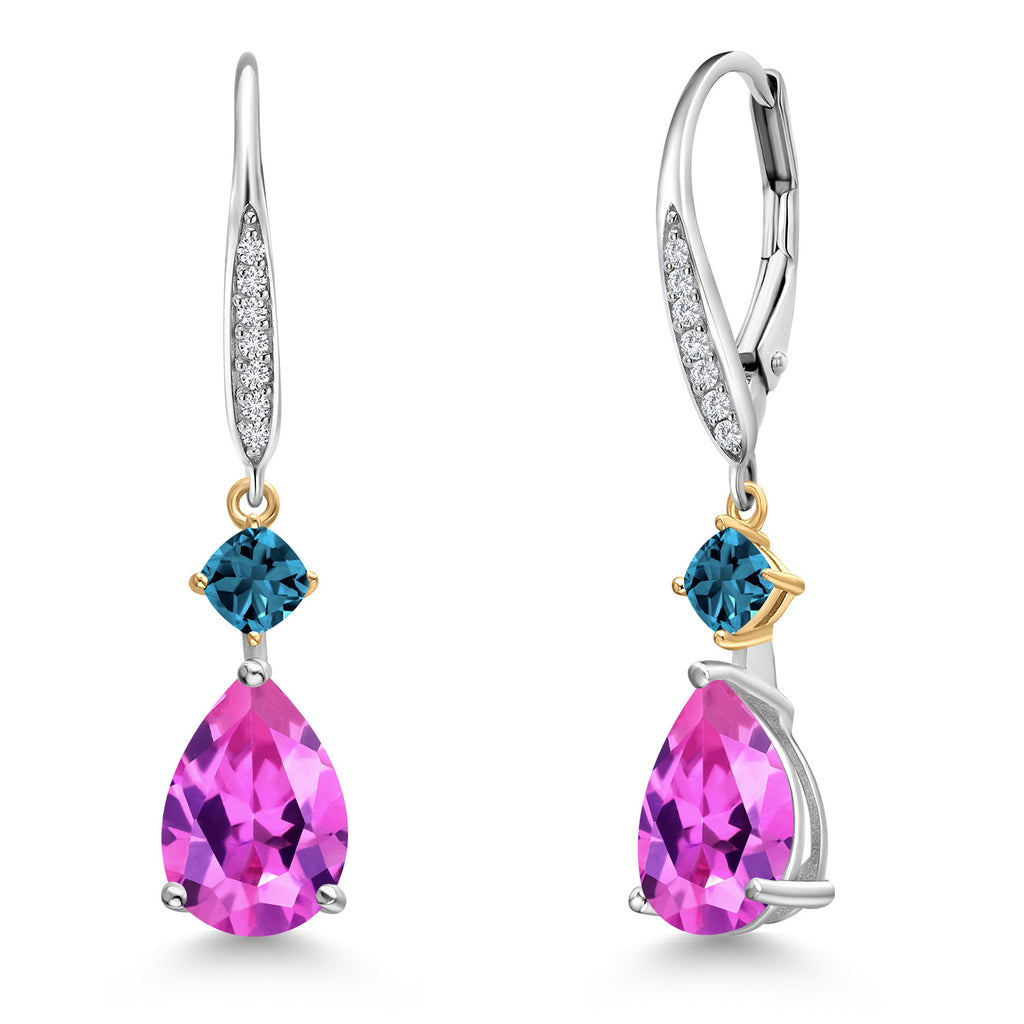 Pink Created Sapphire - September_Earrings in 925 Sterling Silver and 10K Yellow Gold
