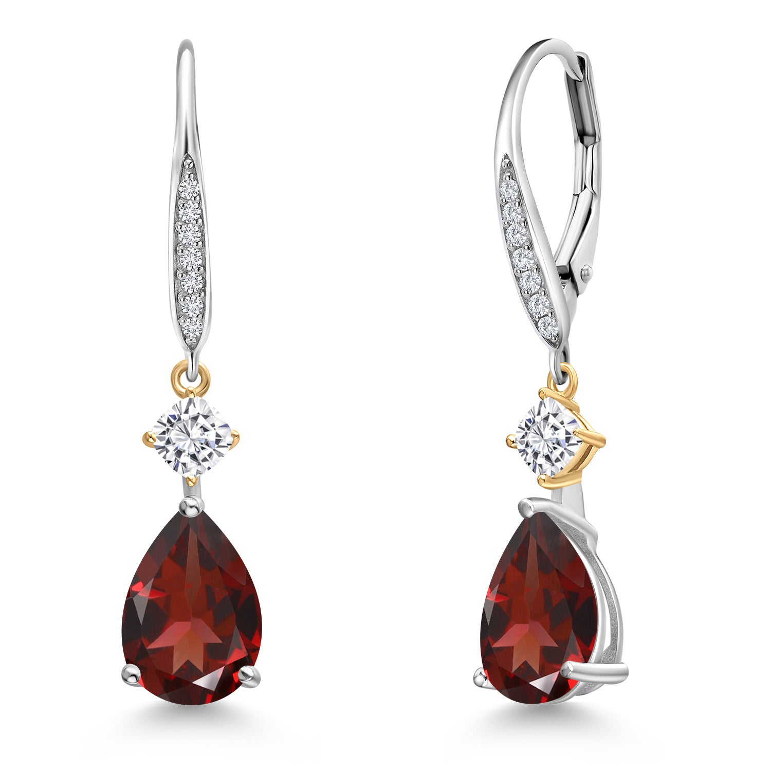 925 Silver and 10K Yellow Gold Red Garnet and White Moissanite and White Lab Grown Diamond Earrings For Women | 4.52 Cttw | GemstoneJanuary Birthstone | Pear Shape 10X7MM