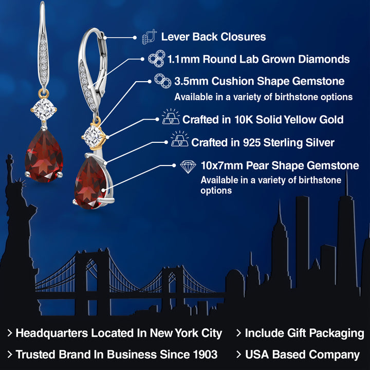 925 Silver and 10K Yellow Gold Red Garnet and White Moissanite and White Lab Grown Diamond Earrings For Women | 4.52 Cttw | GemstoneJanuary Birthstone | Pear Shape 10X7MM