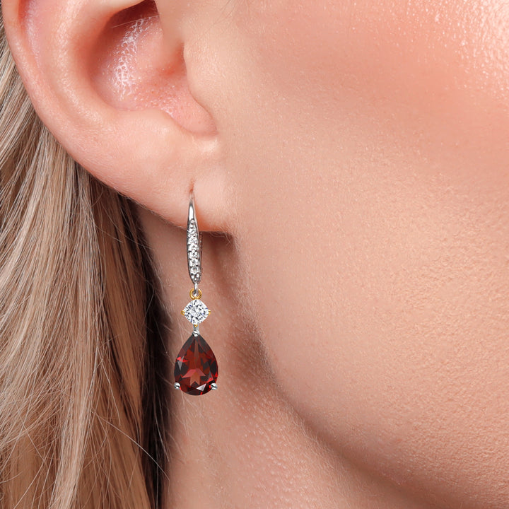 925 Silver and 10K Yellow Gold Red Garnet and White Moissanite and White Lab Grown Diamond Earrings For Women | 4.52 Cttw | GemstoneJanuary Birthstone | Pear Shape 10X7MM