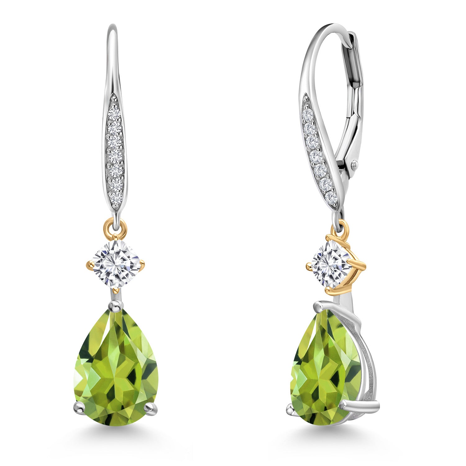 925 Silver and 10K Yellow Gold Green Peridot and White Moissanite and White Lab Grown Diamond Earrings For Women | 4.20 Cttw | GemstoneAugust Birthstone | Pear Shape 10X7MM