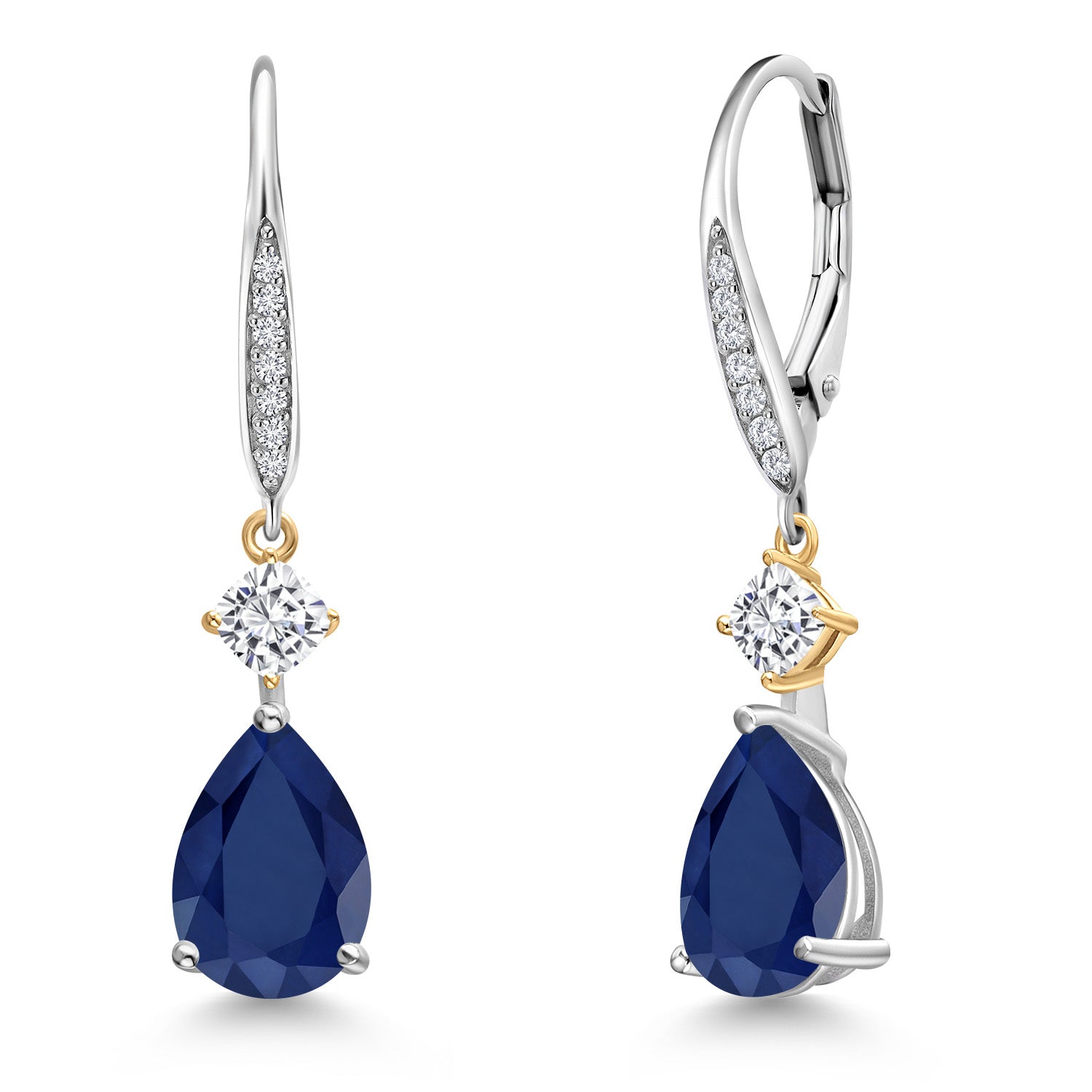 925 Silver and 10K Yellow Gold Blue Sapphire White Moissanite and White Lab Grown Diamond Earrings For Women | 4.84 Cttw | Gemstone Birthstone | Pear Shape 10X7MM