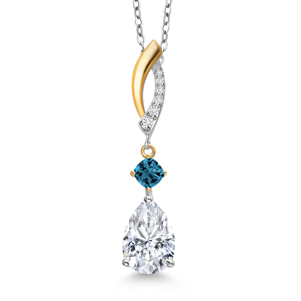 White Moissanite - London Blue Topaz_Pendant in 925 Sterling Silver and 10K Yellow Gold