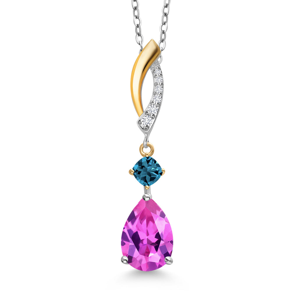 Pink Created Sapphire  - London Blue Topaz_Pendant in 925 Sterling Silver and 10K Yellow Gold