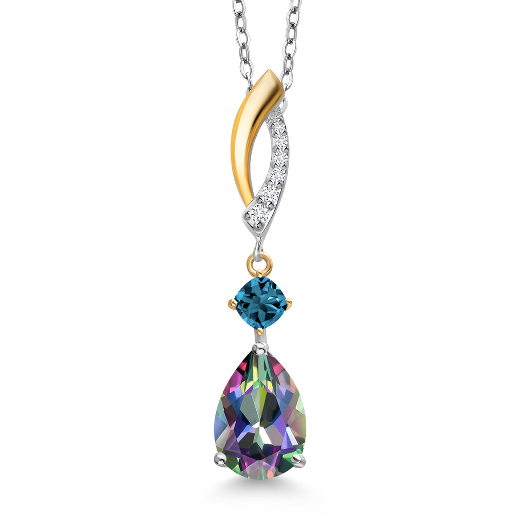Green Mystic Topaz  - London Blue Topaz_Pendant in 925 Sterling Silver and 10K Yellow Gold
