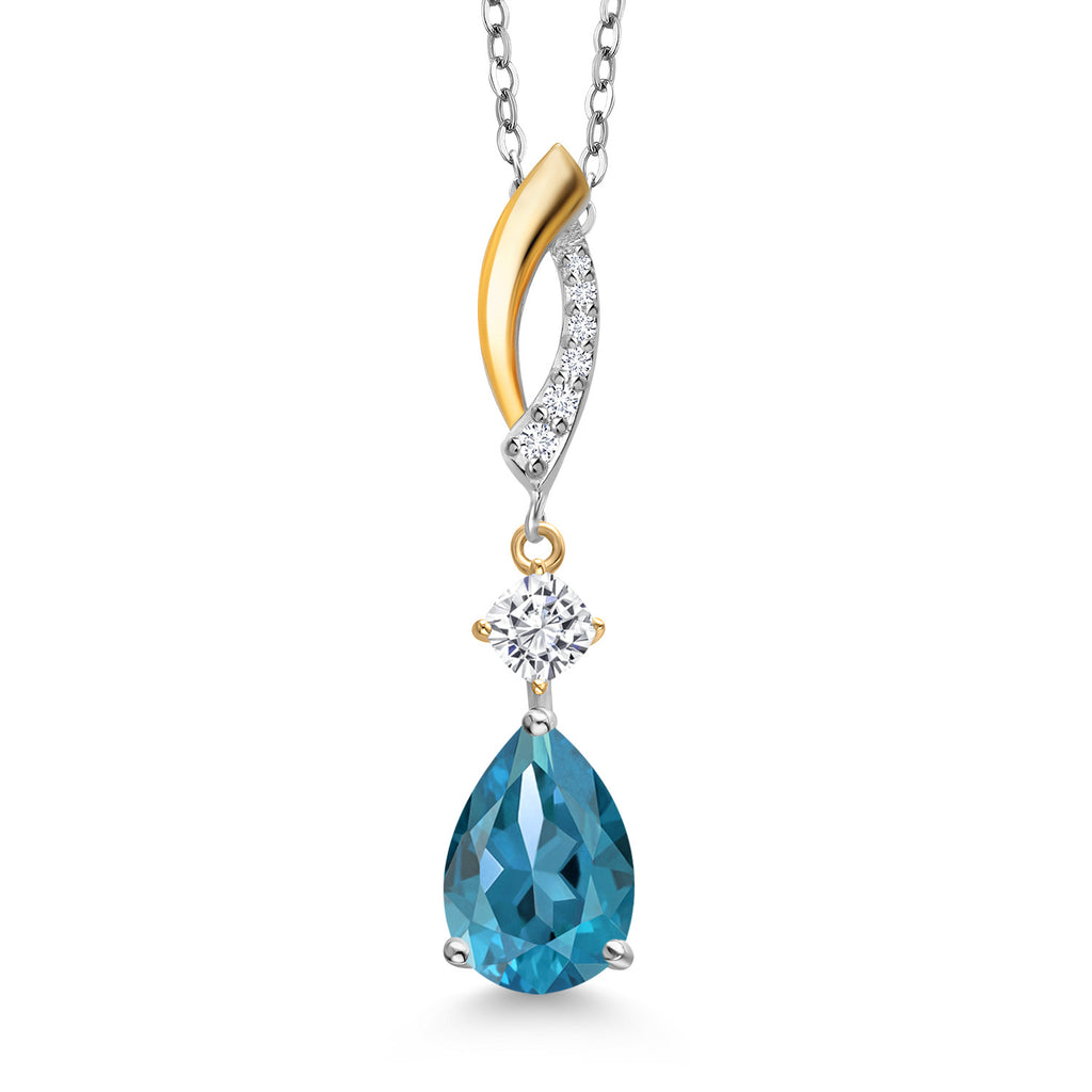 London Blue Topaz - White Moissanite_Pendant in 925 Sterling Silver and 10K Yellow Gold